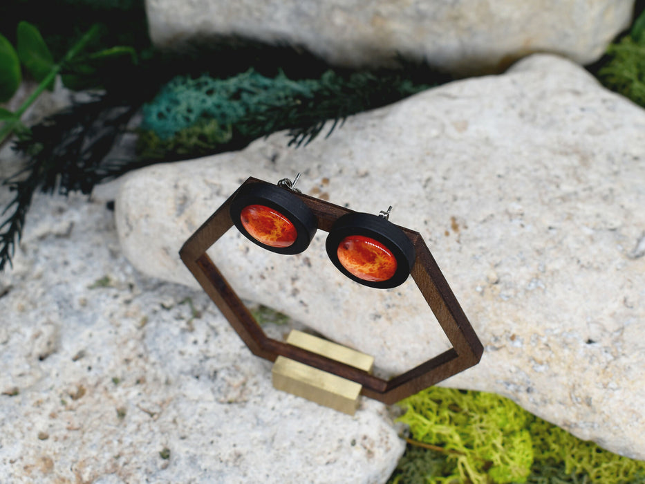 Wood Stud Earrings With Glass Wenus Cabochon #174