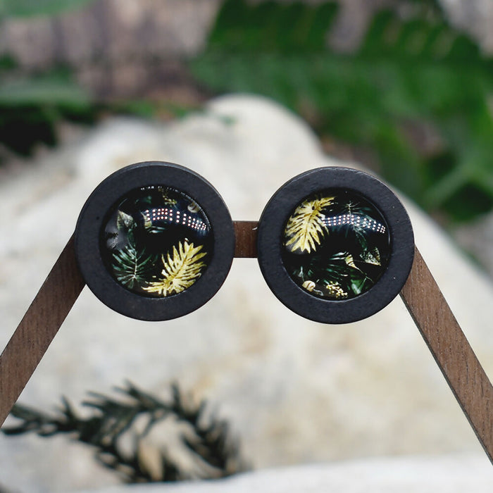 Wood Stud Earrings With Glass Tropical Cabochon #173