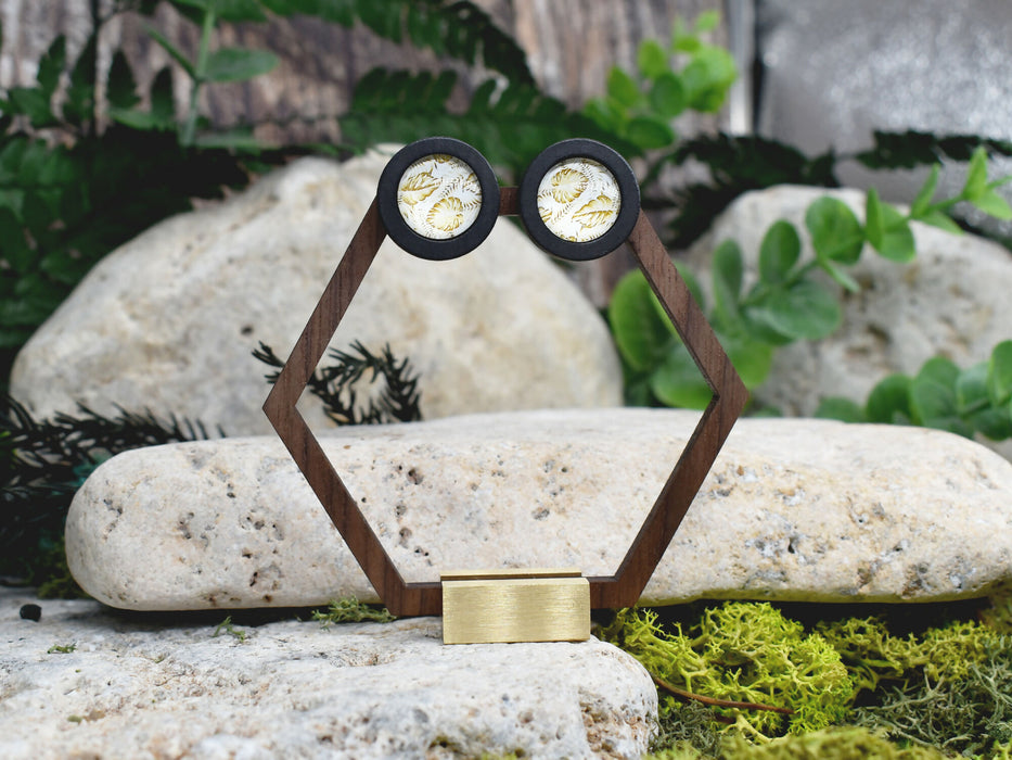 Wood Stud Earrings With Glass Monstera Cabochon #169