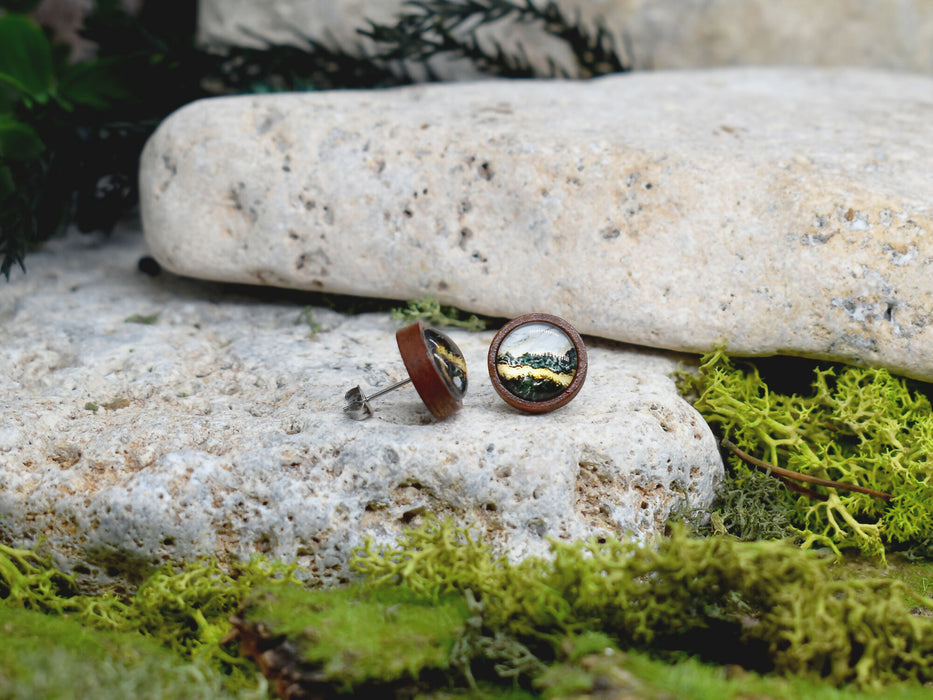 Wood Stud Earrings With Resin Cabochon #371