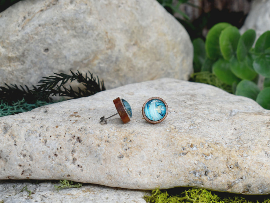 Wood Stud Earrings With Resin Cabochon #381