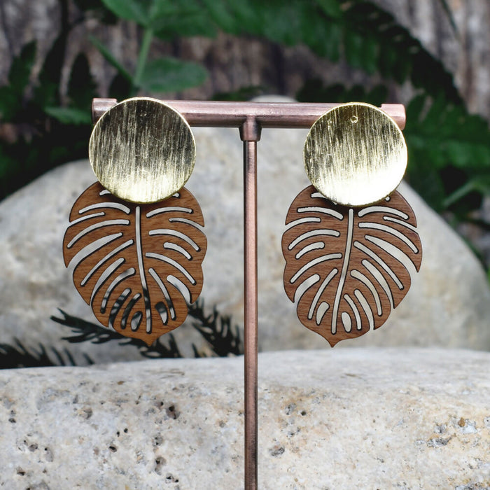Wood Dangle Earrings in Shape of Monstera Leaf #463