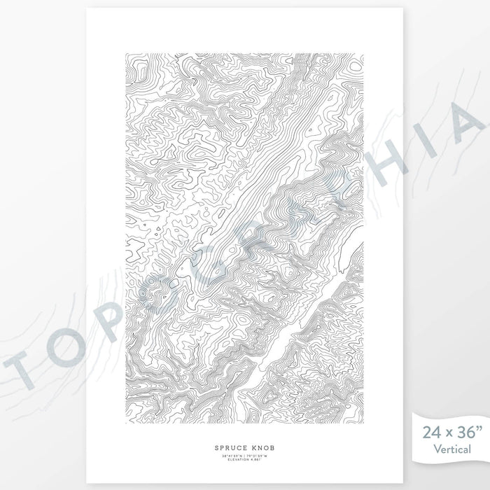 Vertical orientation Spruce Knob, West Virginia poster with topographic map design.