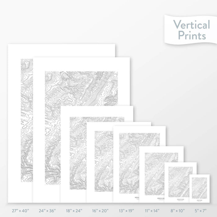 All sizes of Spruce Knob, West Virginia topography vertical prints.