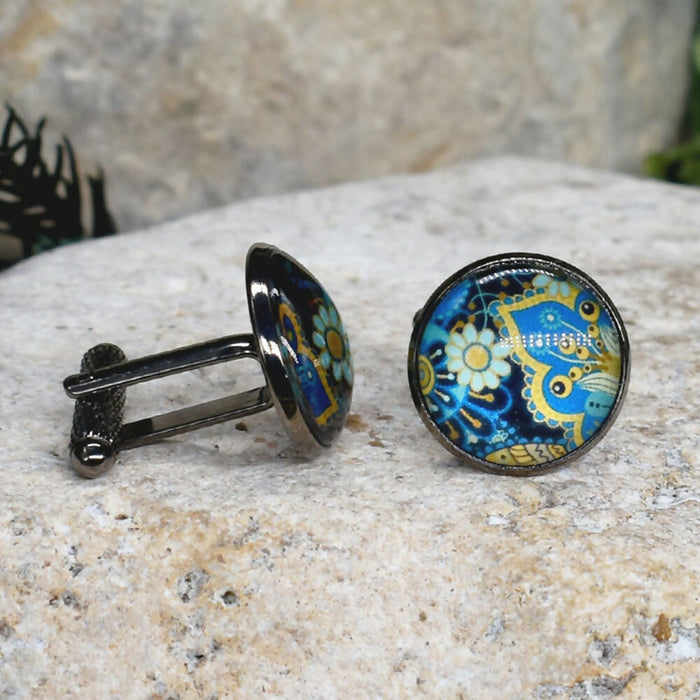 Black Steel Cufflinks with Abstract Glass #214