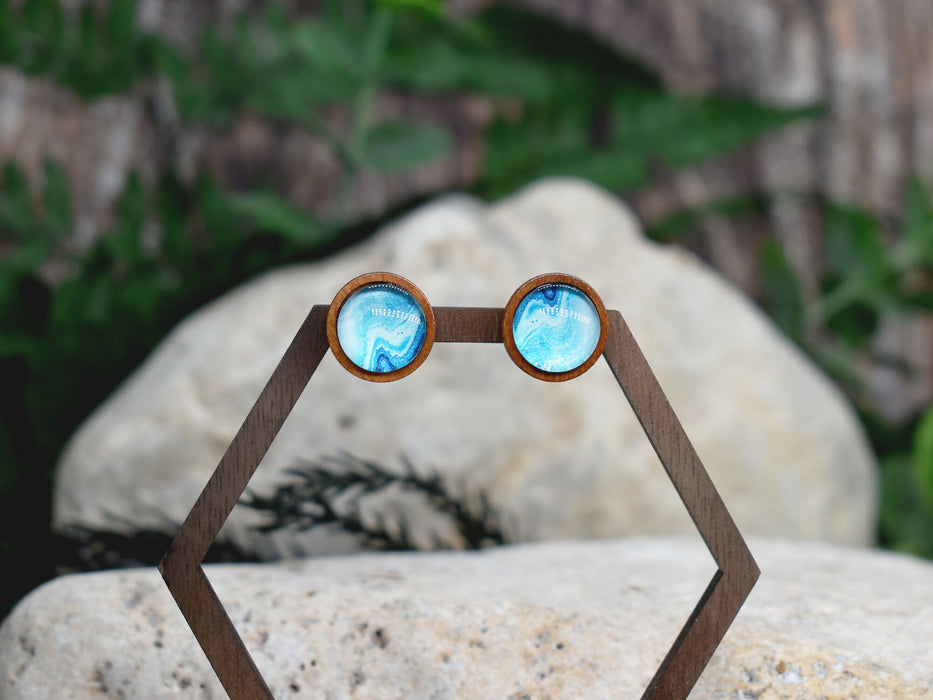 Wood Stud Earrings With Resin Cabochon #377