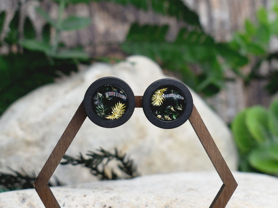 Wood Stud Earrings With Glass Tropical Cabochon #173