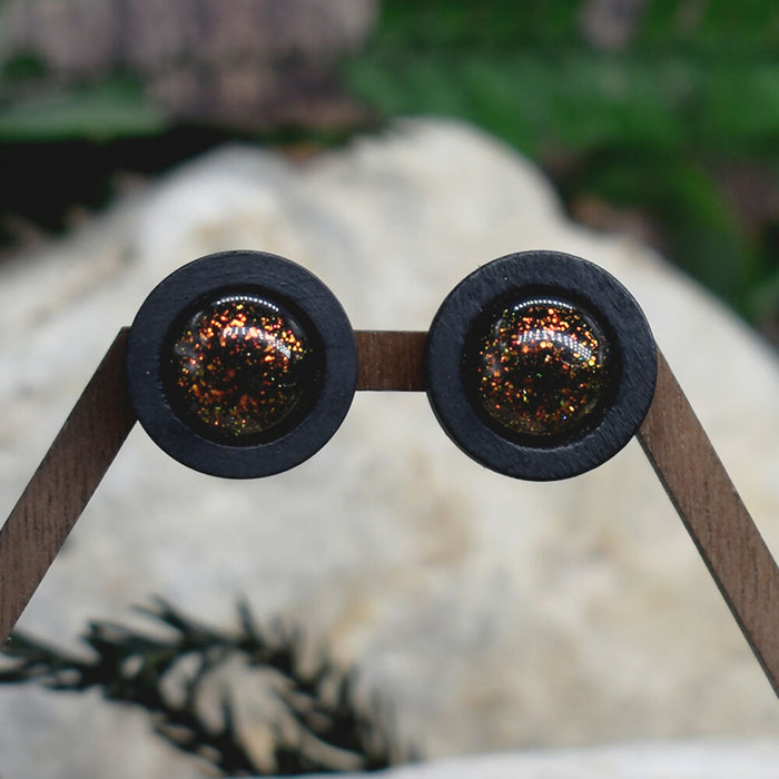 Wood Stud Earrings With Resin Chameleon Cabochon #259