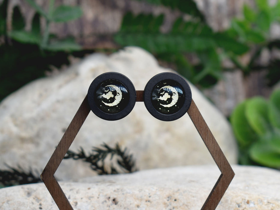 Wood Stud Earrings With Glass Cabochon #215