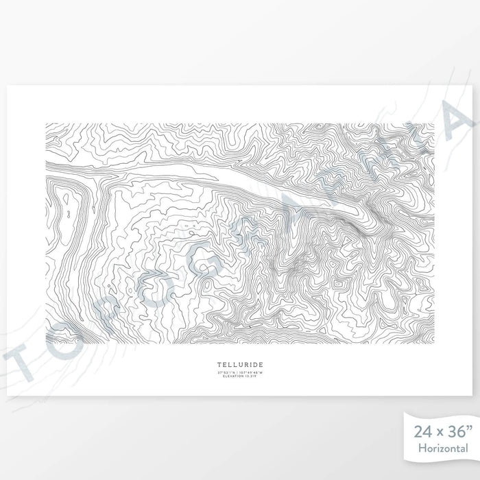 Example topographic map print of Telluride Ski Resort, Colorado. Art uses horizontal orientation. Print shows landscape of the area using contour lines. On the artwork is a title and concise info of location and elevation.