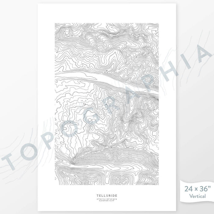 Example art map print of Telluride Ski Resort. Art uses verticle orientation. Print shows landscape of the area using elevation data. On the artwork is a title and concise info of location and elevation. Custom map decor