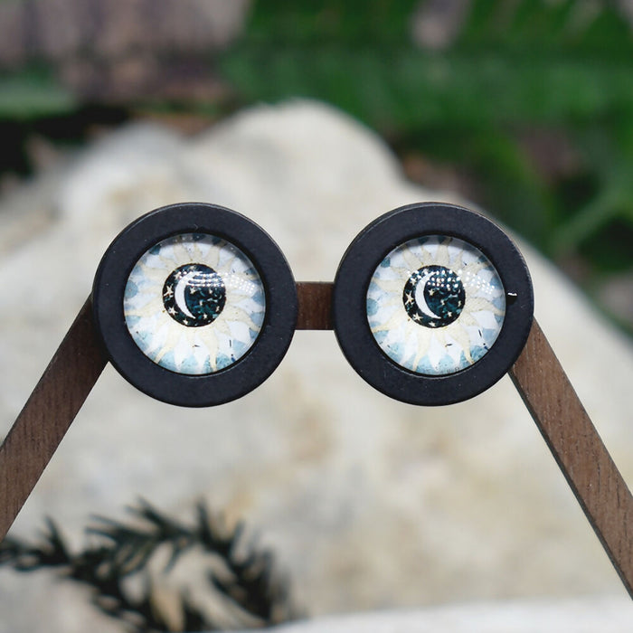 Wood Stud Earrings With Glass Cabochon #190