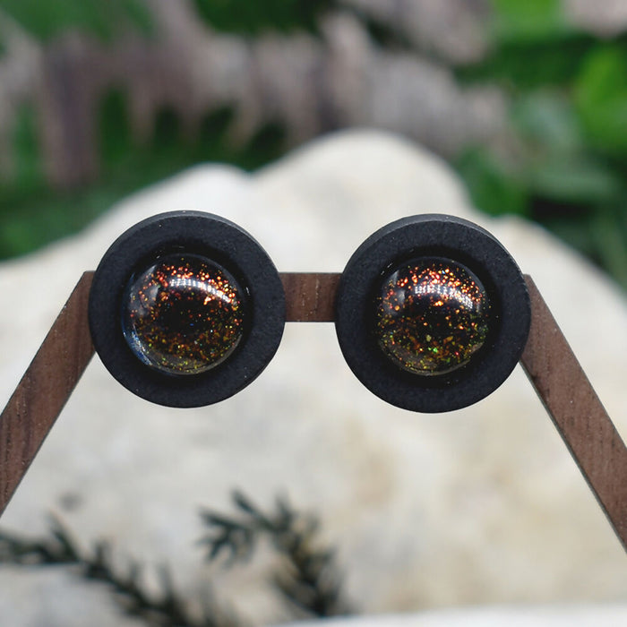Black Wood Stud Earrings With Resin Chameleon Cabochons #137
