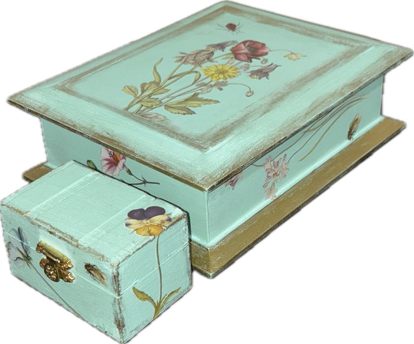 Mint Green Floral Vintage Musical Jewelry Box with Gold Trim +