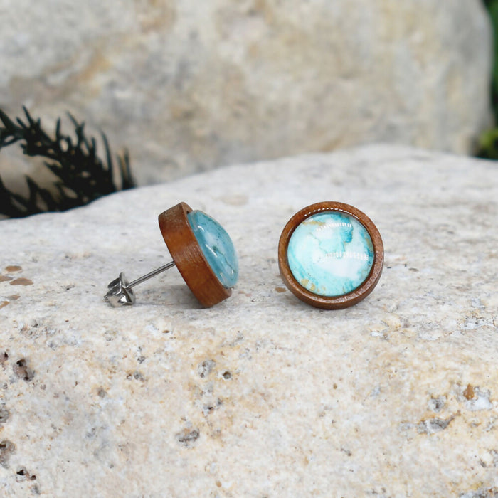 Wood Stud Earrings With Resin Cabochon #379