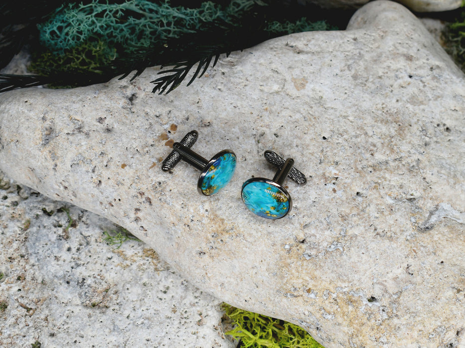 Black Steel Cufflinks with Abstract Glass #224