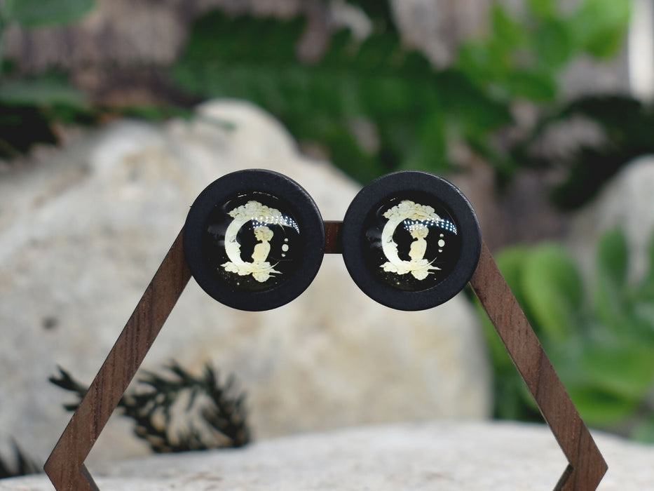 Wood Stud Earrings With Glass Moon Cabochon #164