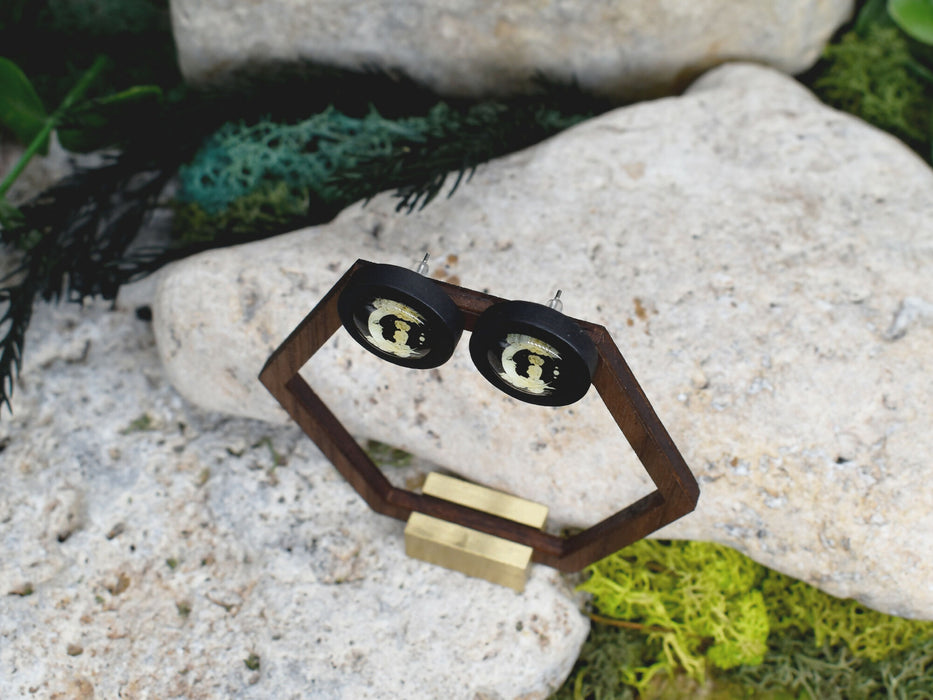Wood Stud Earrings With Glass Moon Cabochon #164