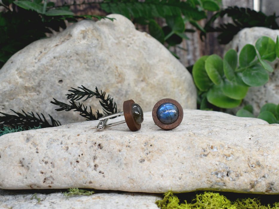 Wood Cufflinks with Labradorite Stone #177