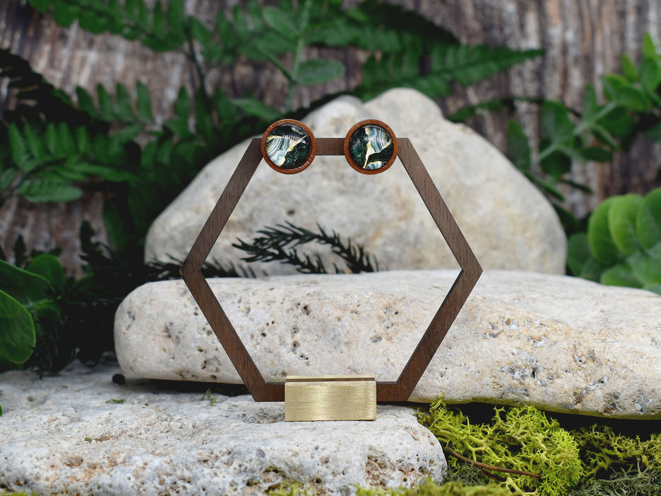 Wood Stud Earrings With Resin Cabochon #366