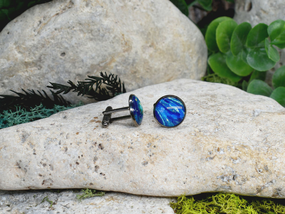 Black Steel Cufflinks with Abstract Glass #234