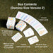 The box contents of small micro domino sized playing card deck laid out neatly on a table in piles with each labeled: 10 train token cards, 3 blank replacements, 91 hand drawn domino cards (0/0-12/12), Mexican Train game rules "in a nut shell" and Mexican Train game quick start guide. 
