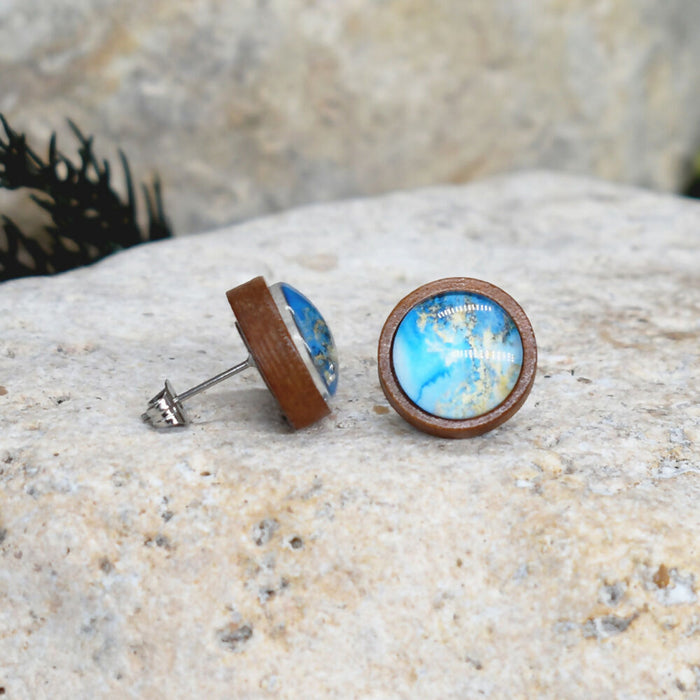 Wood Stud Earrings With Resin Cabochon #380
