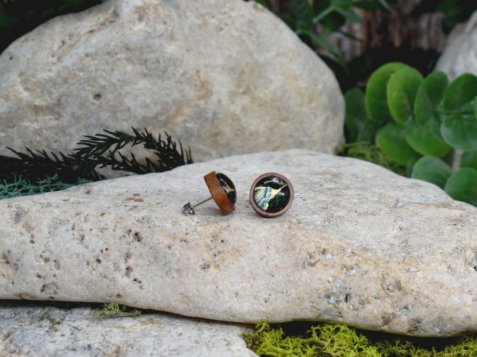 Wood Stud Earrings With Resin Cabochon #366