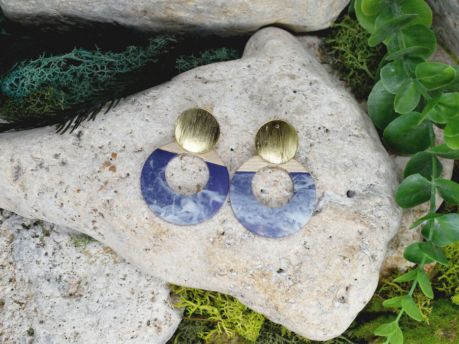 Wood Dangle Earrings with Blue-White Resin #461