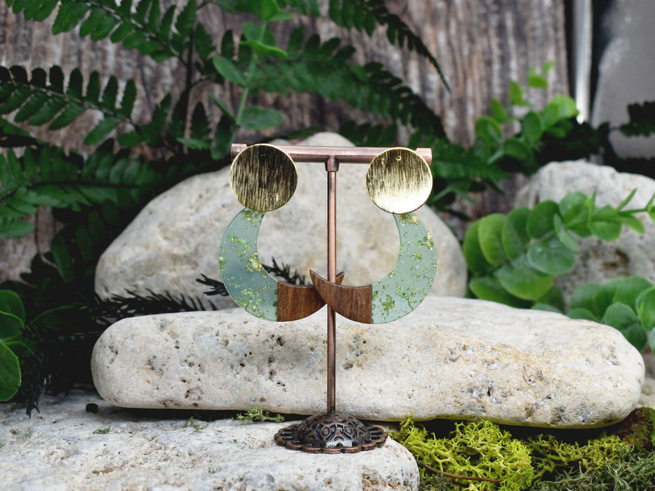 Wood Dangle Earrings with Moon Resin #465