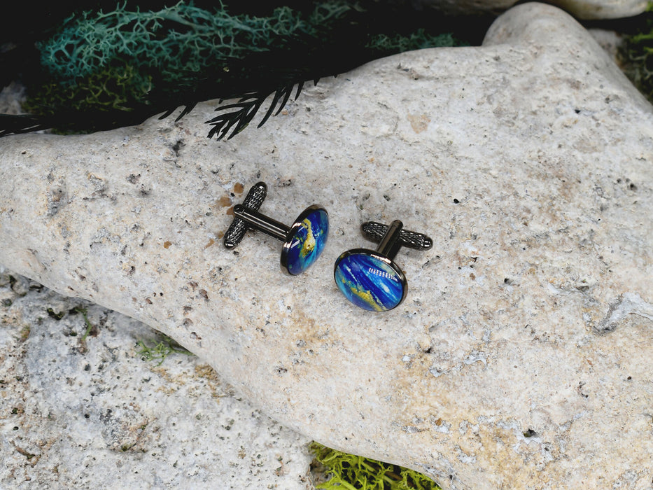 Black Steel Cufflinks with Abstract Glass #227
