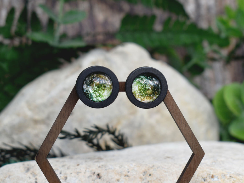 Wood Stud Earrings With Glass Callisto Cabochon #197