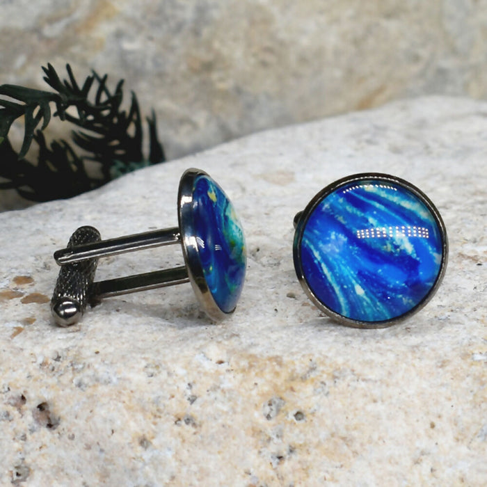 Black Steel Cufflinks with Abstract Glass #234