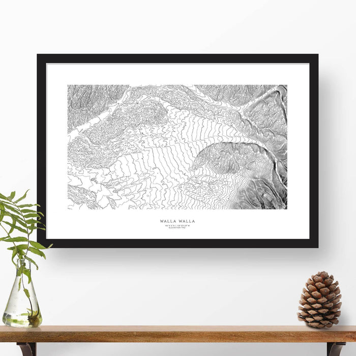 Walla Walla, Washington topographic map poster, 24 inches by 36 inches, in a vertical orientation, with a black solid wood ready-to-hang frame.