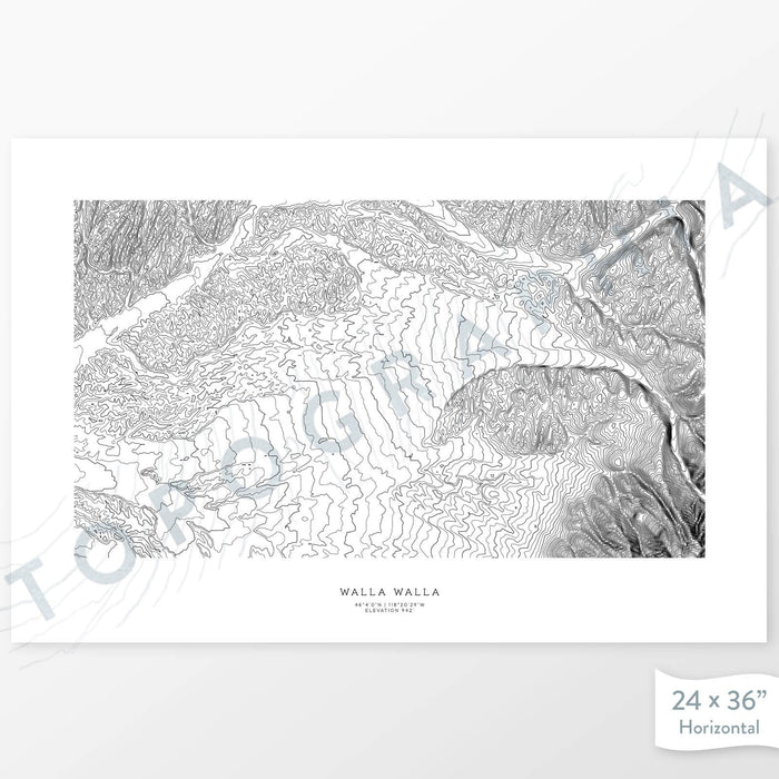 Vertical orientation Walla Walla, Washington poster with topographic map design.