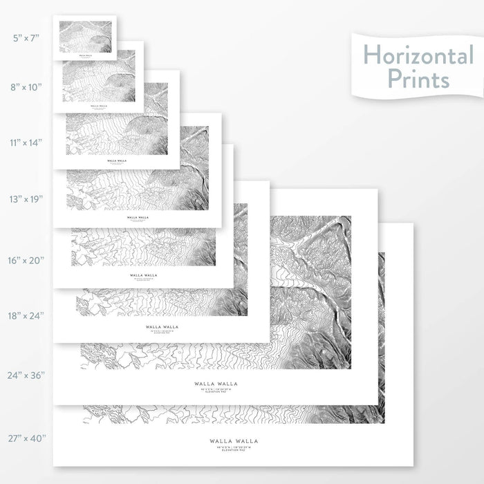Available sizes for Walla Walla, Washington topographic maps. 5x7, 8x10, 11x14, 16x20, 18x24, 24x36, and 27x40 posters shown. as black and white prints on a gray background.