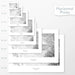 Available sizes for Walla Walla, Washington topographic maps. 5x7, 8x10, 11x14, 16x20, 18x24, 24x36, and 27x40 posters shown. as black and white prints on a gray background.
