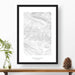 National park print of Whitefish Mountain, Montana with black and white topography in a black 24x36 vertical frame.