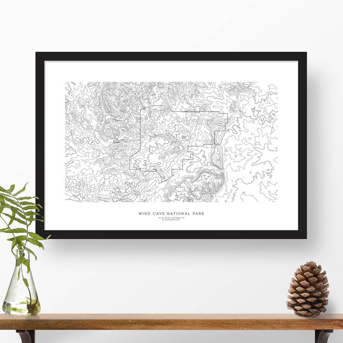 Framed black and white print of Wind Cave National Park with topography art.