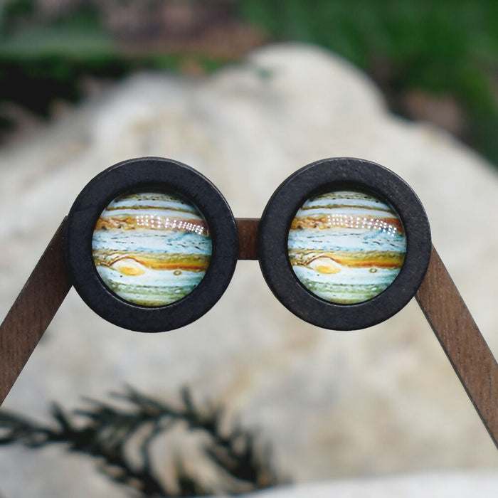 Wood Stud Earrings With Glass Saturn Cabochon #185