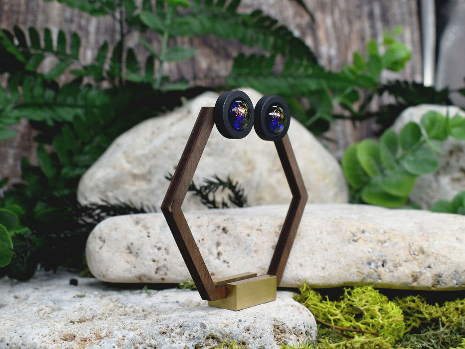 Wood Stud Earrings With Resin Chameleon Cabochon #239
