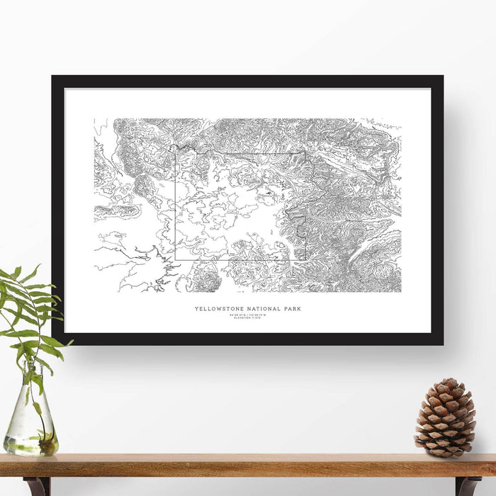 Framed black and white print of Yellowstone National Park with topography art.