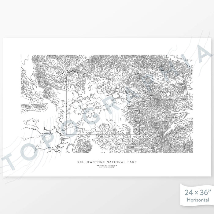 Horizontal Yellowstone National Park poster with topography.
