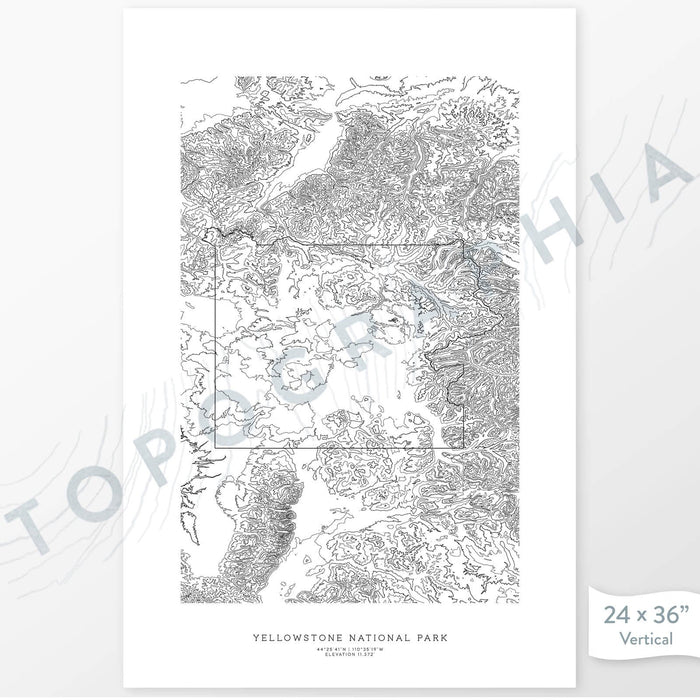 Yellowstone National Park poster with black and white contour lines to represent topography