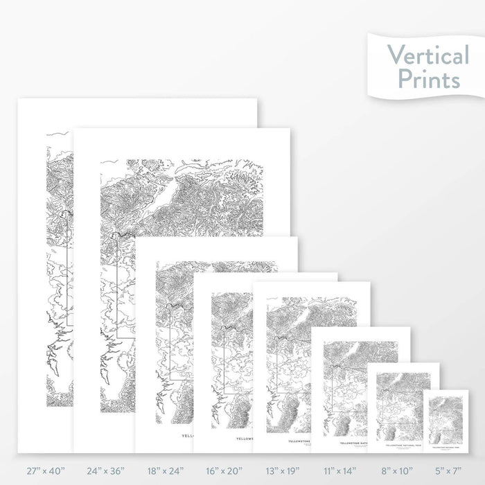 6 sizes of Yellowstone National Park poster that features a topographic map design.