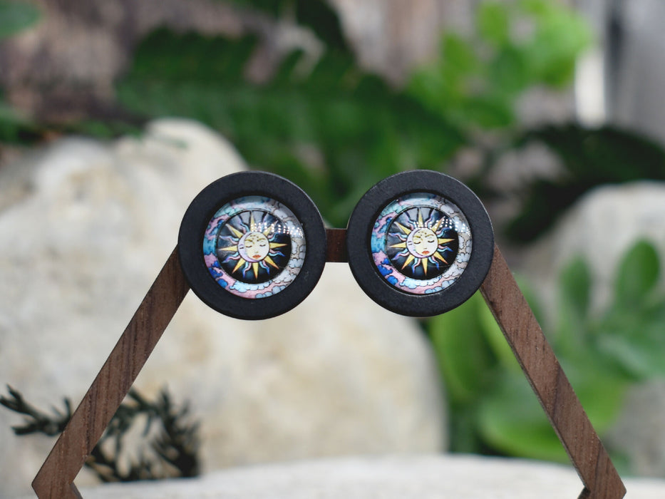 Wood Stud Earrings With Glass Cabochon #168