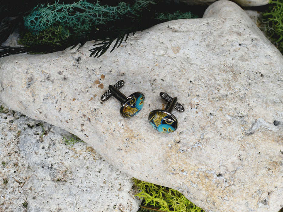 Black Steel Cufflinks with Abstract Glass #218