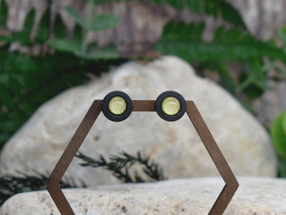 Wood Stud Earrings With Resin Chameleon Cabochon #232