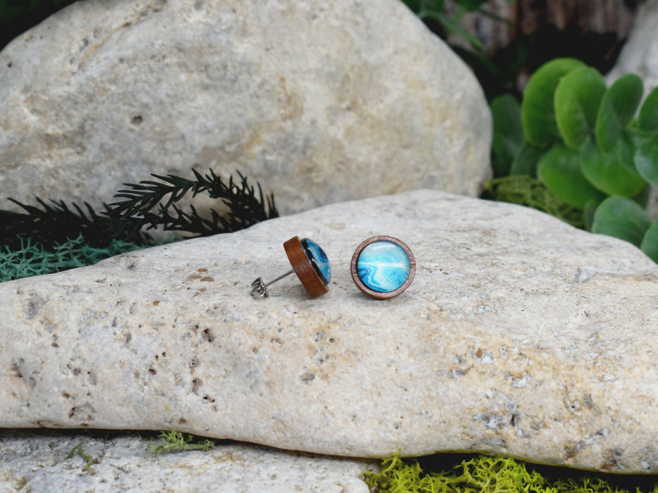 Wood Stud Earrings With Resin Cabochon #377
