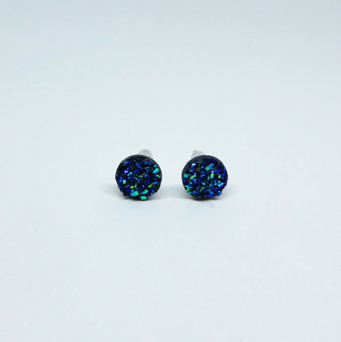 Magnetic_Clip_On_Invisible_Clipon_Stud_Pierced_Nonpierced_Earring_Earrings_Ear_FlatBack_Flat_Back_Irridescent_Druzy_Resin_Deep_Blue_8mm_front